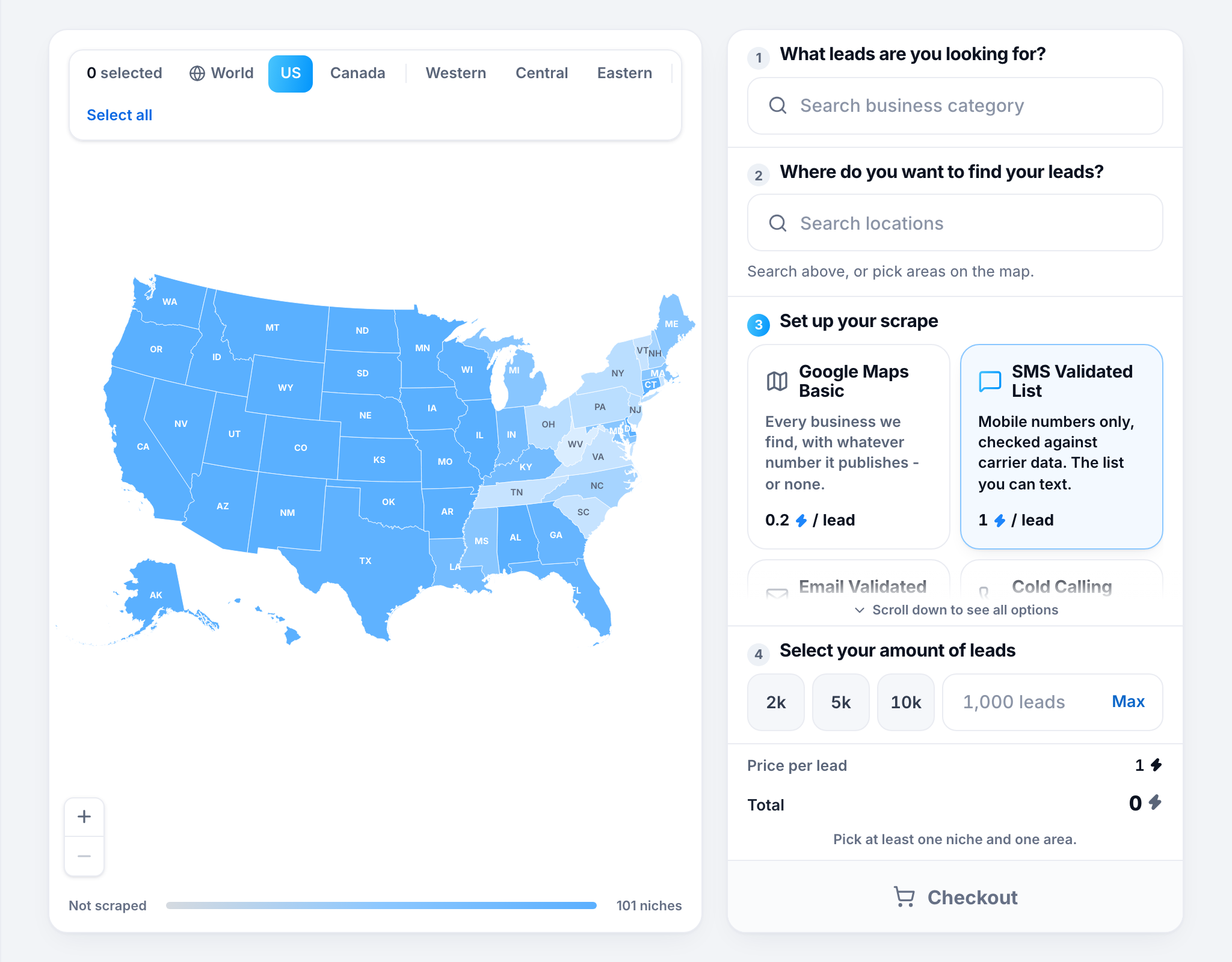 Leadity's Search leads page: the map of the United States beside the niche search and the four list types, each with its price per lead