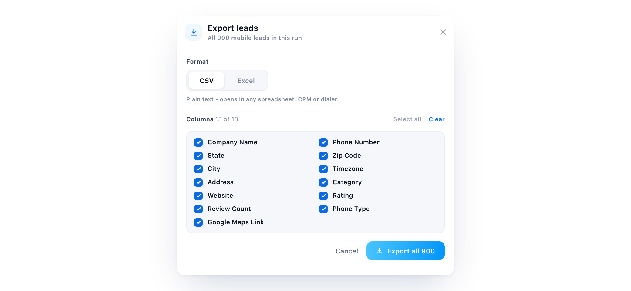 The Export leads dialog: a CSV or Excel format switch and the list of columns to include