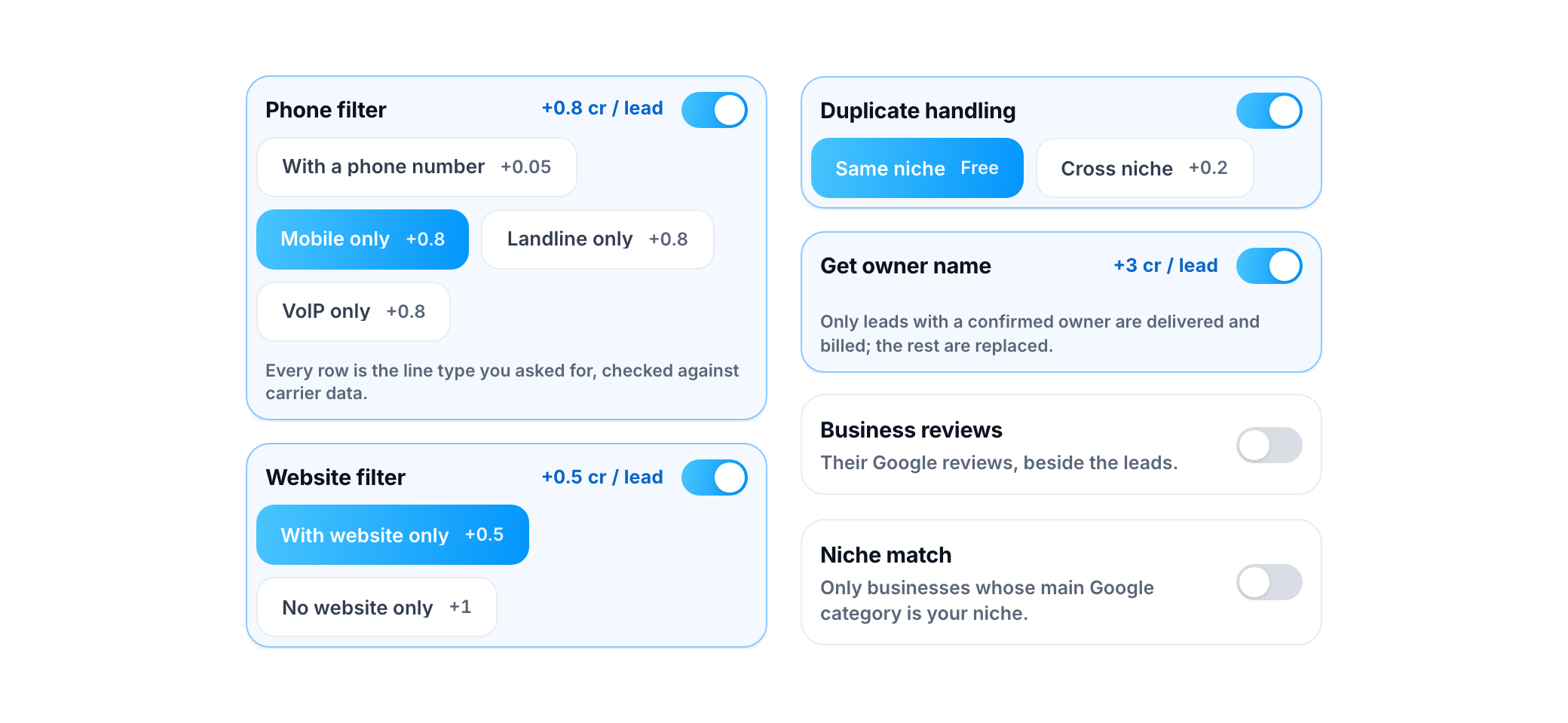 The Custom filter cards from the Search leads page: phone filter set to mobile only, website filter, get owner name, business reviews and niche match