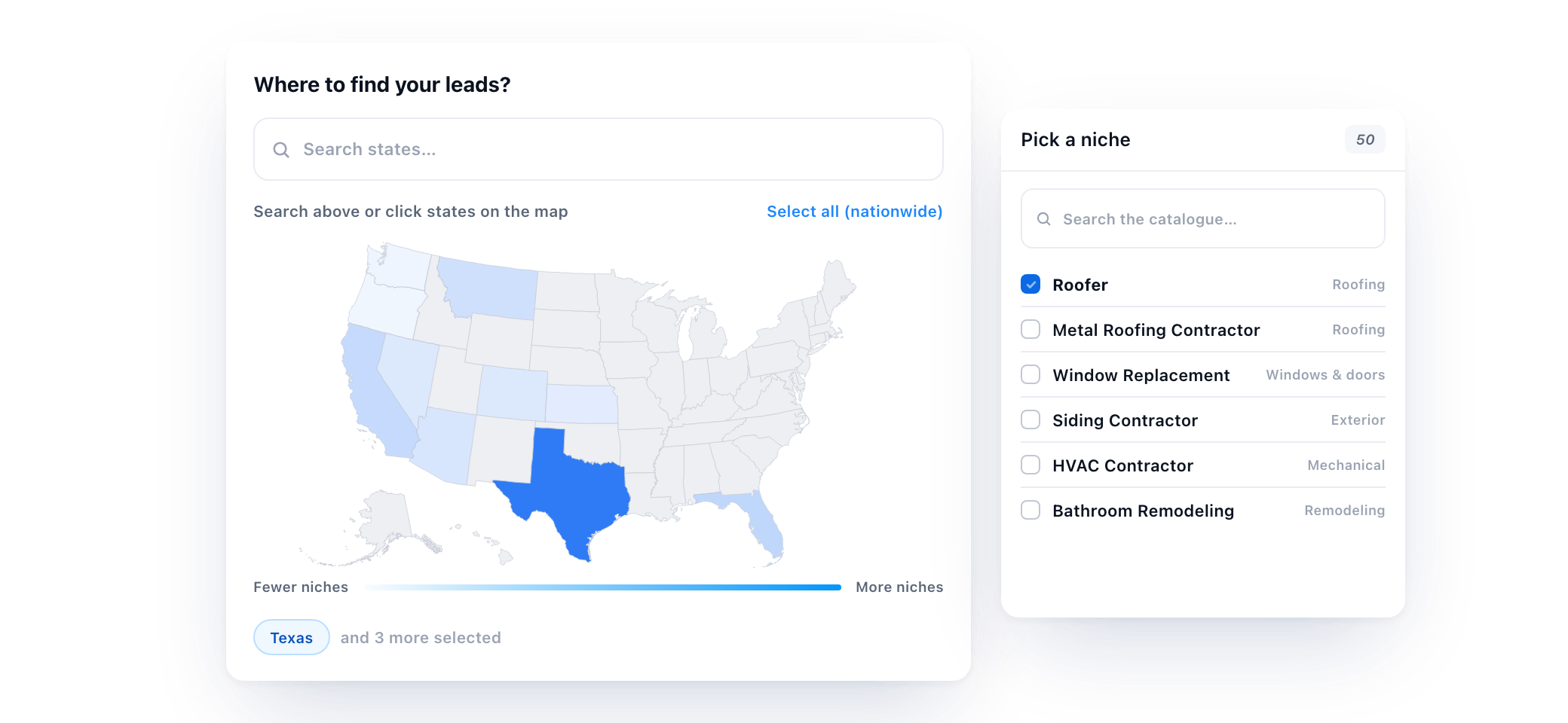 A map of the United States with Texas selected beside a niche list with Roofer ticked