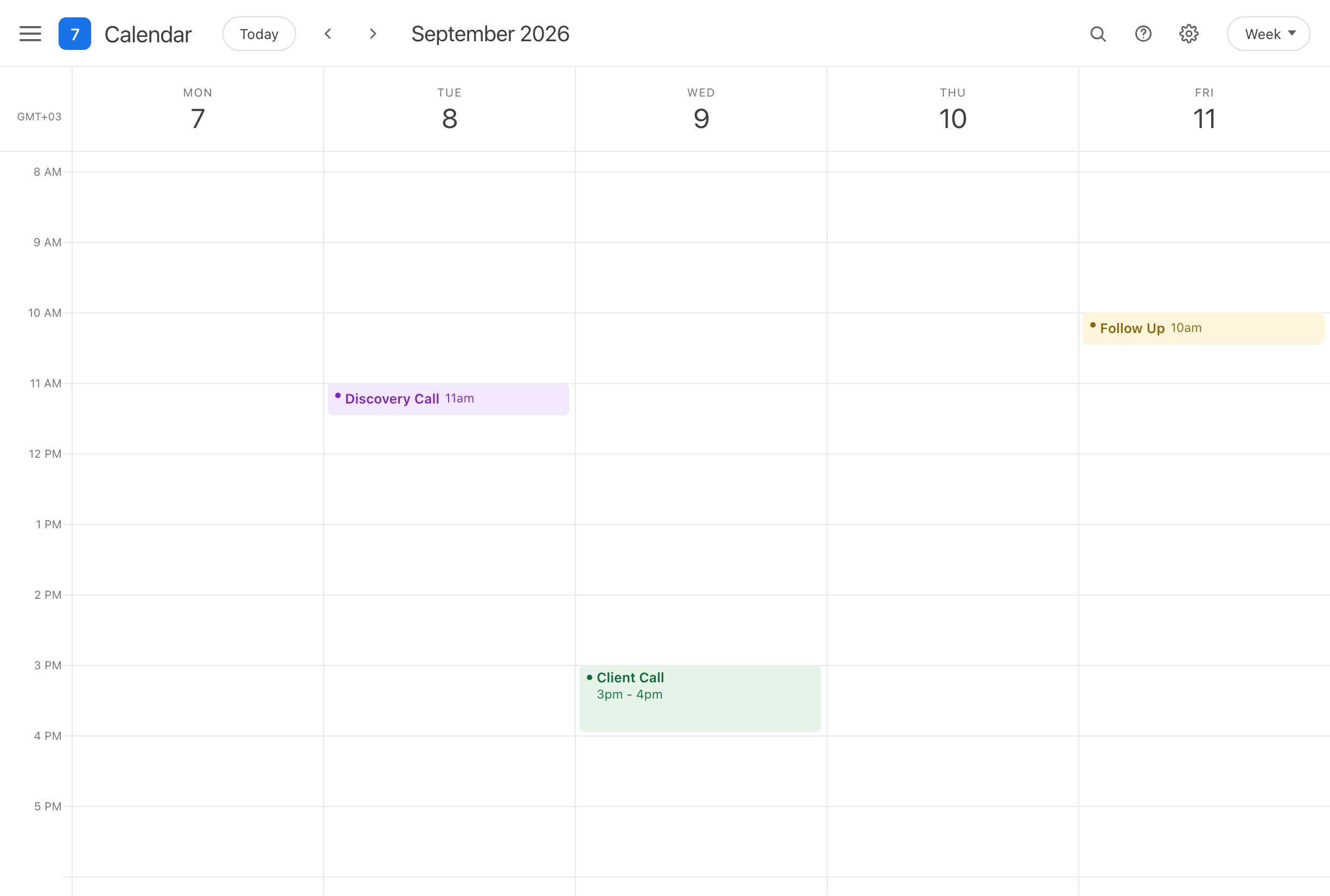 A working week, Monday to Friday, with three meetings on it